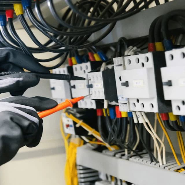 Messspitzen und Handschuhe bei der Prüfung eines elektrischen Schaltschranks